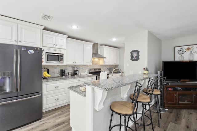 kitchen featuring wall chimney exhaust hood, a kitchen bar, white cabinetry, appliances with stainless steel finishes, and stone counters