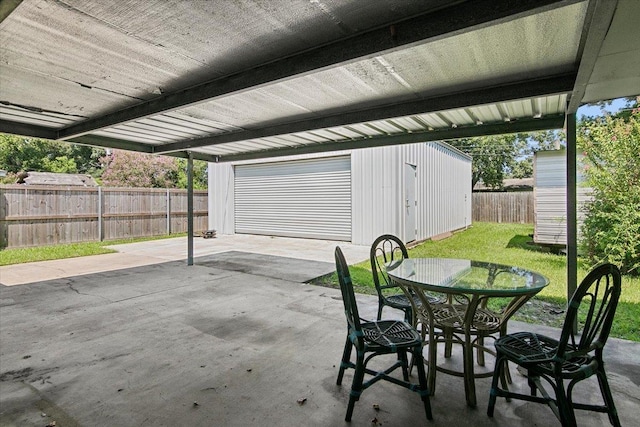 view of patio featuring a storage shed