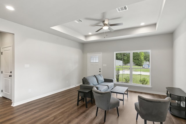 9896 Golden Ln, Lumberton, TX 77657 - living area with a tray ceiling, a ceiling fan, dark wood finished floors, and recessed lighting