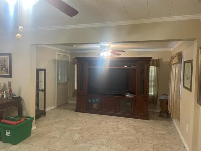 living room with ornamental molding