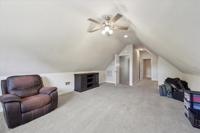 2801 Magnolia Ln, Groves, TX 77619 - living area with light colored carpet, lofted ceiling, baseboards, a ceiling fan, and recessed lighting