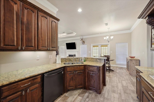 2801 Magnolia Ln, Groves, TX 77619 - kitchen featuring dishwasher, a sink, crown molding, a chandelier, and light wood finished floors