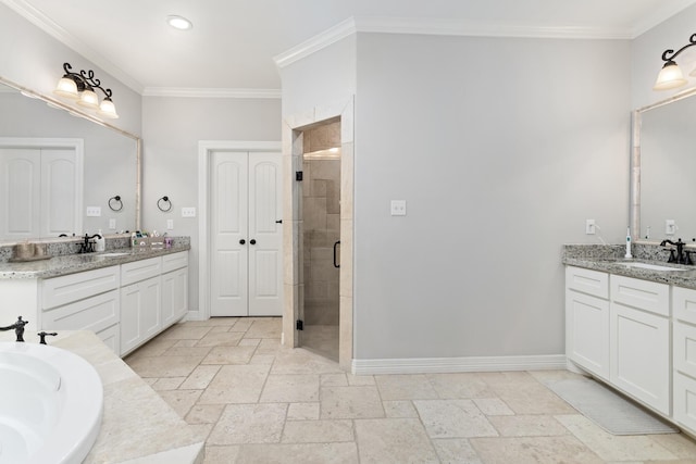 6526 Brayfield Ln, Beaumont, TX 77706 - full bathroom featuring two vanities, a shower stall, ornamental molding, stone tile floors, and recessed lighting