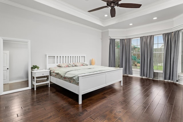 6526 Brayfield Ln, Beaumont, TX 77706 - bedroom with hardwood / wood-style flooring, ornamental molding, a ceiling fan, a tray ceiling, and recessed lighting