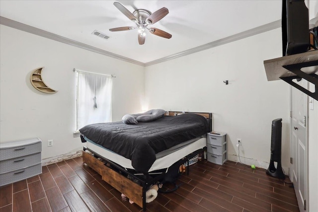 4592 Shakespeare Ln, Kountze, TX 77625 - bedroom featuring wood tiled floors, crown molding, and a ceiling fan
