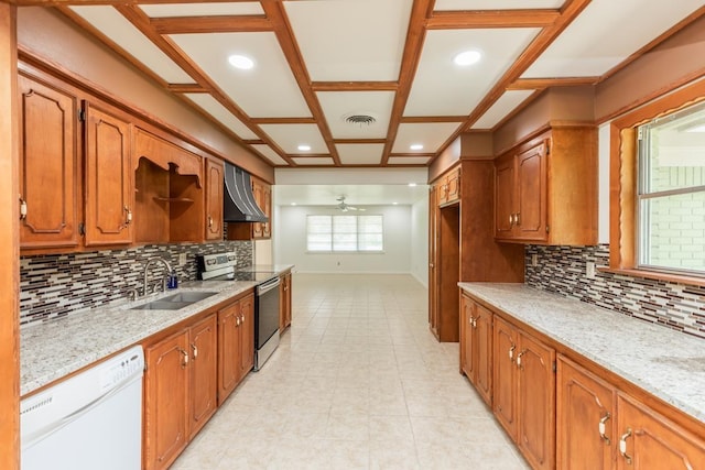 515 Watts Rd, Silsbee, TX 77656 - kitchen with dishwasher, electric range, wall chimney exhaust hood, tasteful backsplash, and ceiling fan