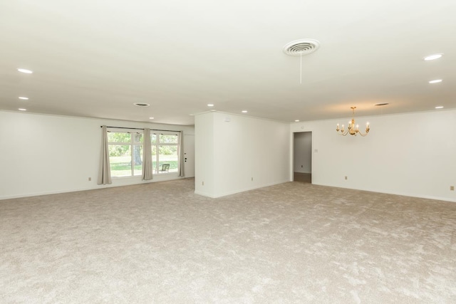 515 Watts Rd, Silsbee, TX 77656 - empty room featuring a chandelier, recessed lighting, light colored carpet, and crown molding