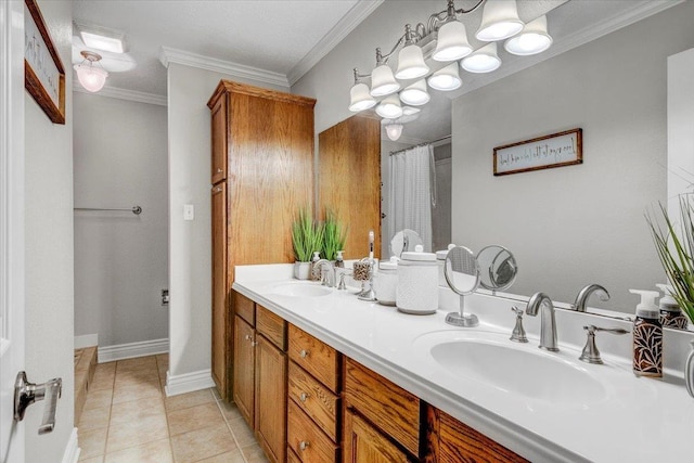 bathroom featuring tile patterned floors, vanity, and ornamental molding