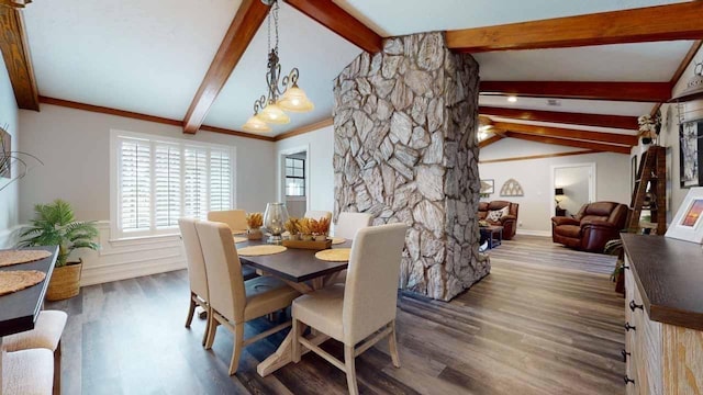 dining space with vaulted ceiling with beams and dark wood-type flooring