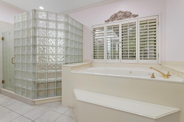 bathroom with crown molding, tile patterned flooring, and independent shower and bath