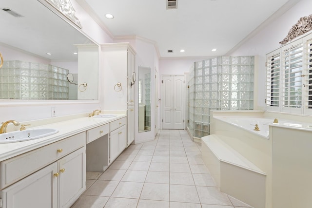 bathroom with tile patterned flooring, vanity, independent shower and bath, and ornamental molding