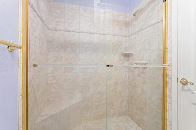 bathroom featuring a shower with shower door