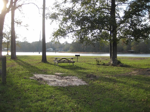 view of home's community with a lawn and a water view