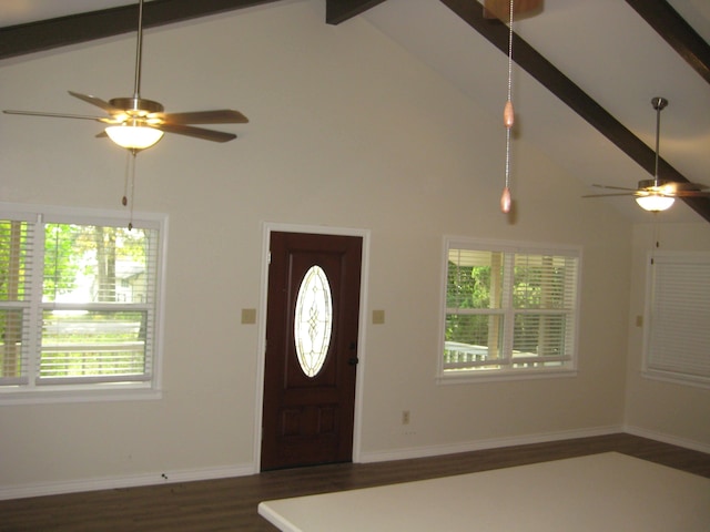 entrance foyer with beam ceiling, high vaulted ceiling, ceiling fan, and dark wood-type flooring