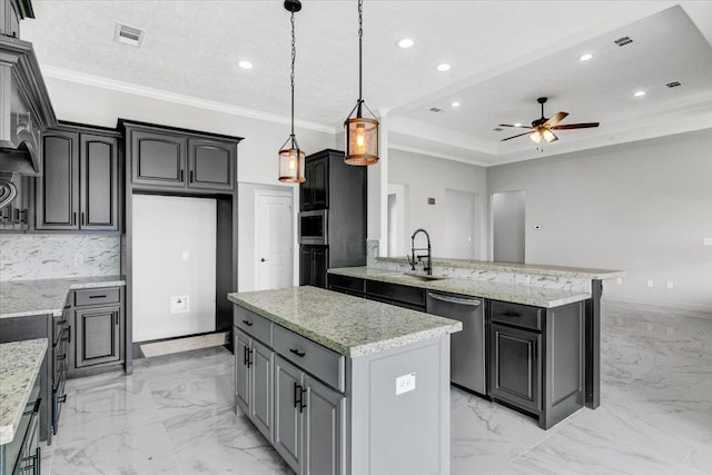 kitchen featuring ornamental molding, a peninsula, stainless steel dishwasher, marble finish floor, and a sink