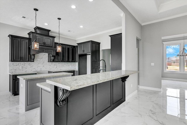 kitchen with visible vents, marble finish floor, crown molding, decorative backsplash, and baseboards