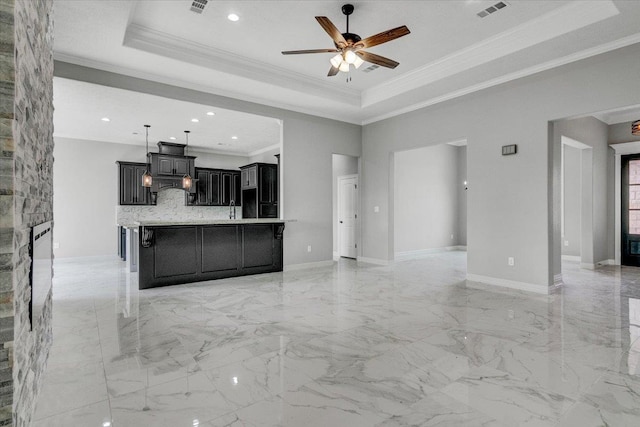 kitchen featuring open floor plan, a fireplace, and a raised ceiling