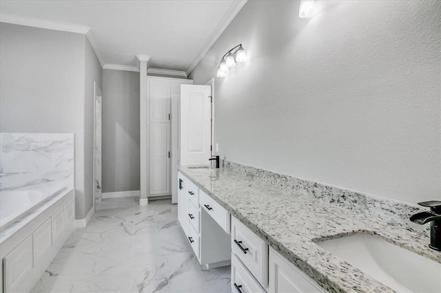 bathroom featuring crown molding, double vanity, marble finish floor, and a sink