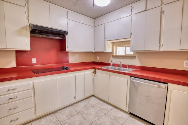 kitchen with stainless steel dishwasher, a textured ceiling, black electric cooktop, sink, and exhaust hood