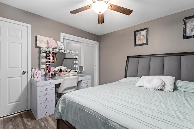 bedroom featuring dark hardwood / wood-style floors and ceiling fan