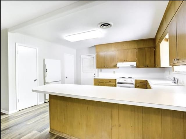 5390 Swallow Dr, Beaumont, TX 77707 - kitchen featuring white electric range, a peninsula, visible vents, under cabinet range hood, and light countertops