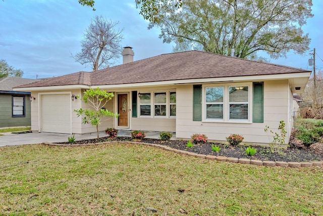 single story home featuring a garage and a front yard