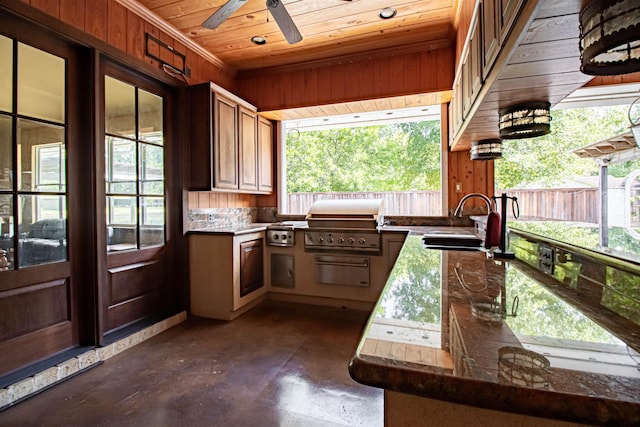 kitchen featuring a wealth of natural light, wood walls, sink, and wood ceiling