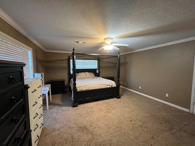 carpeted bedroom with ceiling fan, crown molding, a textured ceiling, and multiple windows