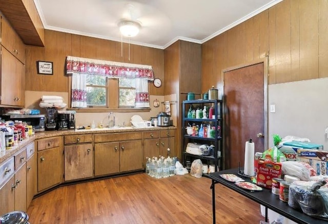 kitchen with wood walls, light wood-type flooring, crown molding, and sink