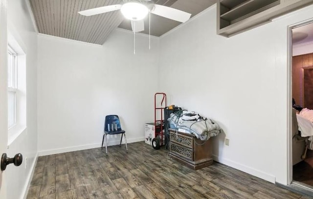 misc room with ceiling fan, dark hardwood / wood-style floors, and crown molding