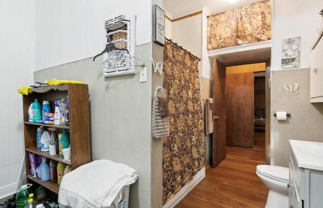 bathroom with hardwood / wood-style floors, vanity, and toilet