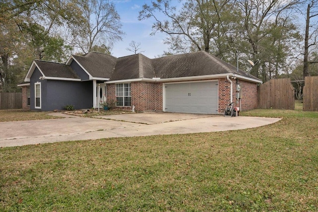 ranch-style home with a garage and a front lawn