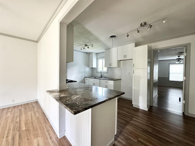 312 Temple, Woodville, TX 75979 - kitchen featuring dark wood-type flooring, white cabinets, tasteful backsplash, rail lighting, and a peninsula
