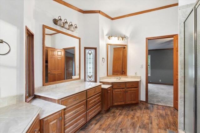 bathroom featuring hardwood / wood-style floors, vanity, and crown molding