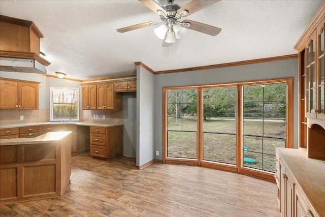 kitchen with decorative backsplash, light hardwood / wood-style floors, ceiling fan, and ornamental molding