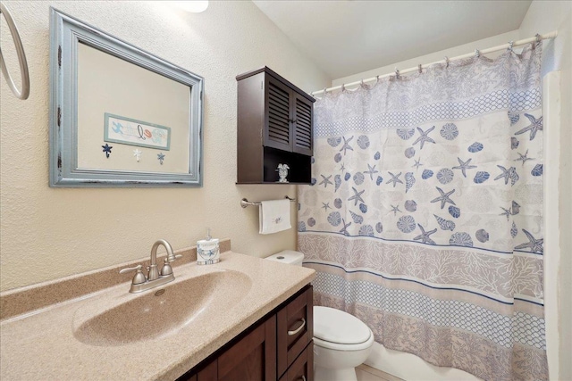 7385 Hidden Valley Dr, Beaumont, TX 77706 - bathroom with toilet, vanity, a shower with curtain, and a textured wall