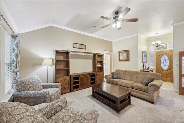 7385 Hidden Valley Dr, Beaumont, TX 77706 - living area with light carpet, plenty of natural light, a ceiling fan, a chandelier, and ornamental molding