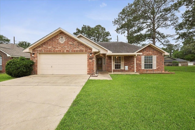 7385 Hidden Valley Dr, Beaumont, TX 77706 - ranch-style home featuring brick siding, a garage, a front lawn, concrete driveway, and roof with shingles