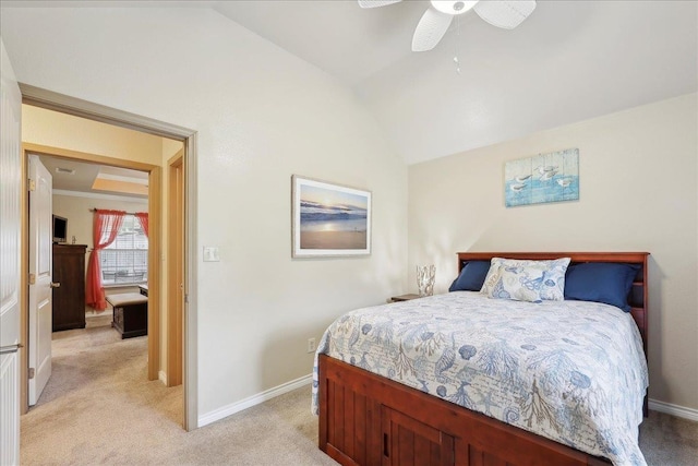 7385 Hidden Valley Dr, Beaumont, TX 77706 - bedroom featuring light colored carpet, lofted ceiling, baseboards, and ceiling fan