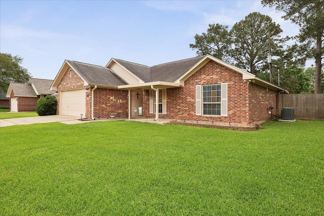 7385 Hidden Valley Dr, Beaumont, TX 77706 - ranch-style home featuring brick siding, an attached garage, concrete driveway, central AC unit, and a shingled roof