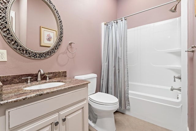 full bathroom with toilet, vanity, tile patterned floors, and shower / bathtub combination with curtain