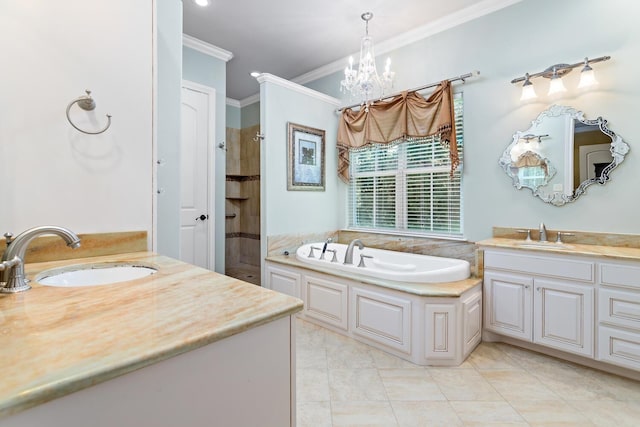 bathroom with tile patterned flooring, vanity, ornamental molding, a notable chandelier, and separate shower and tub