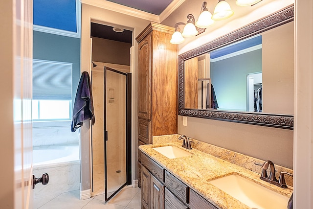 3812 Debbie Ave, Groves, TX 77619 - bathroom with crown molding, a bath, a stall shower, double vanity, and tile patterned floors