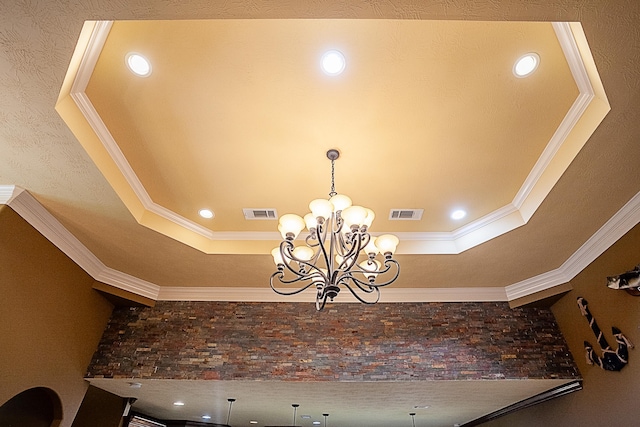3812 Debbie Ave, Groves, TX 77619 - detailed view of crown molding, a chandelier, a raised ceiling, and recessed lighting