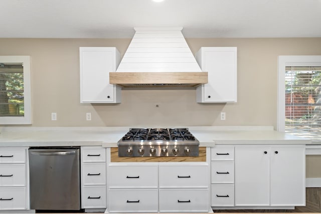 kitchen with premium range hood, appliances with stainless steel finishes, white cabinetry, and light countertops
