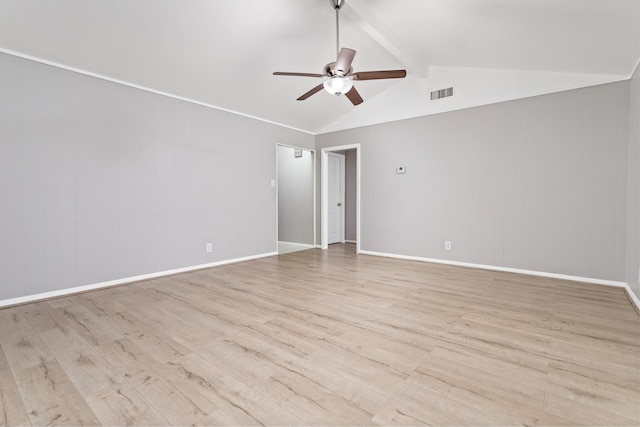 empty room with vaulted ceiling with beams, ceiling fan, and light wood-type flooring