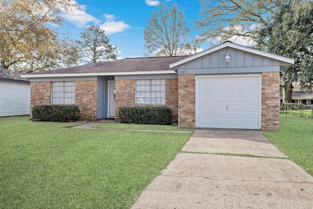 ranch-style house featuring a garage and a front yard