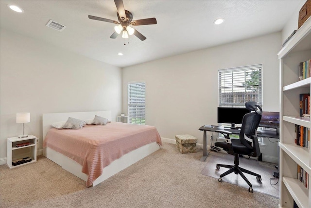 9270 Pampas St, Beaumont, TX 77713 - bedroom featuring light colored carpet, visible vents, baseboards, recessed lighting, and a ceiling fan
