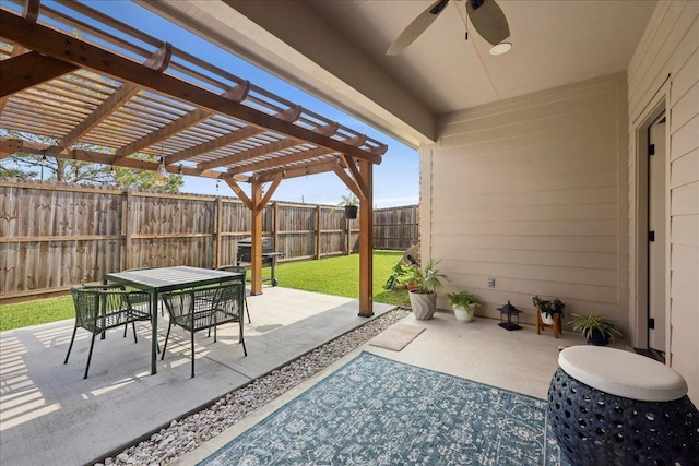 9270 Pampas St, Beaumont, TX 77713 - view of patio / terrace with a pergola, outdoor dining area, ceiling fan, and a fenced backyard