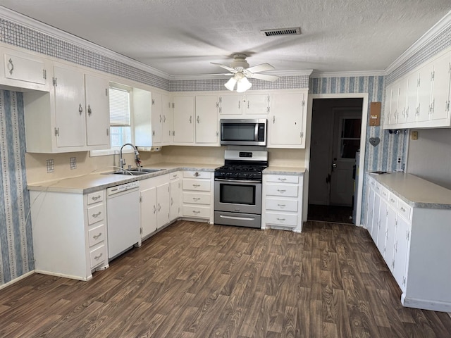 kitchen featuring visible vents, dark wood finished floors, a sink, stainless steel appliances, and a textured ceiling